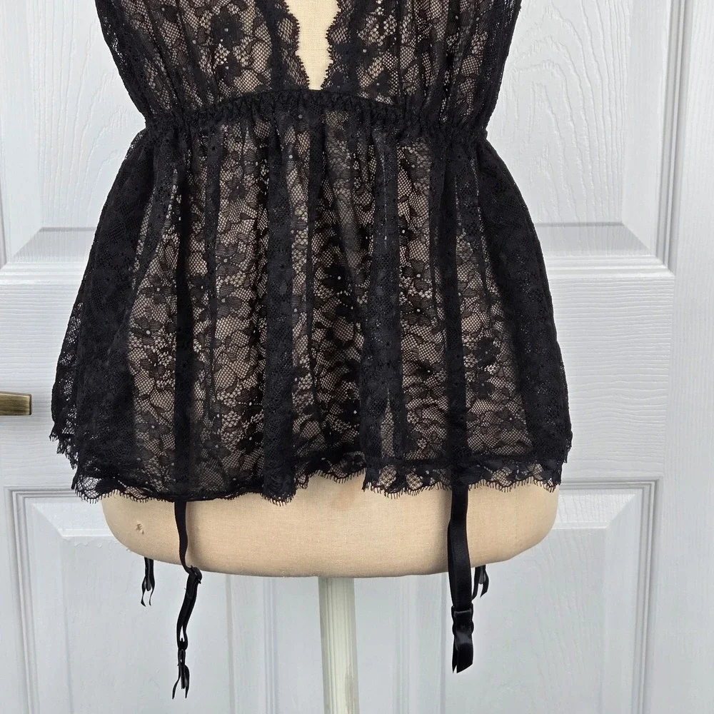 Victoria's Secret Black Lace Halter‎ Top Nightie With Garters Size S Lingerie
